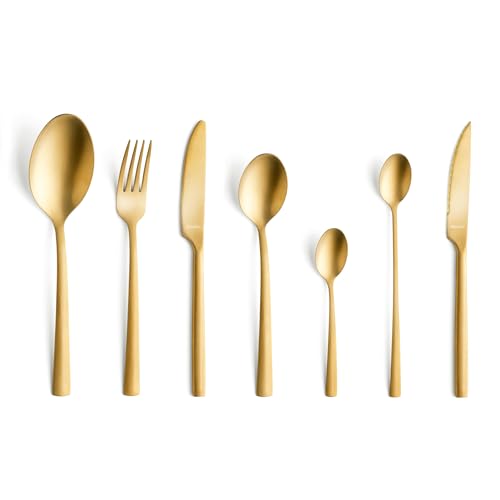 Amefa Besteck MANILLE, elegantes Tafelbesteck für 6 Personen, inlusive Steakmesser, Lattel-Dessertlöffel, gold, 42-teilig