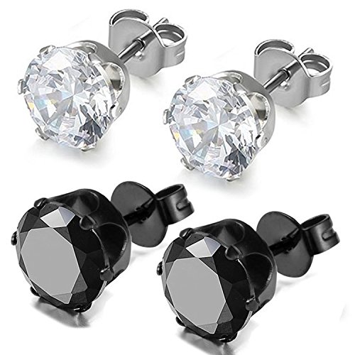 OIDEA Unisex Ohrringe Ohrstecker mit Zirkonia: 2 Paare Herren Damen Rund Ohrstecker Set aus Edelstahl einfach 3mm breit Zirkon Schwarz Weiss Geschenk für Frauen Mädchen