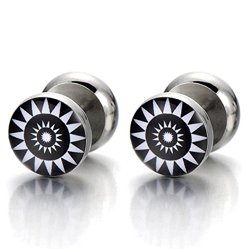 Schwarz Weiß Sonnenblume Herren Damen Ohrringe Edelstahl Ohrstecker Fakeplugs Tunnel Ohr-Piercing, 10MM 1 Paar