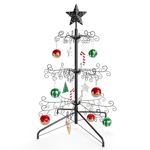 ELYKEN Weihnachtsbaum-Präsentat ionsständer, 112 Haken zum Aufhängen für Kugeln und Feiertagsdekorationen, 90 cm, freistehendes Gestell aus Eisen mit stabiler Basis, einfache Montage, Schwarz